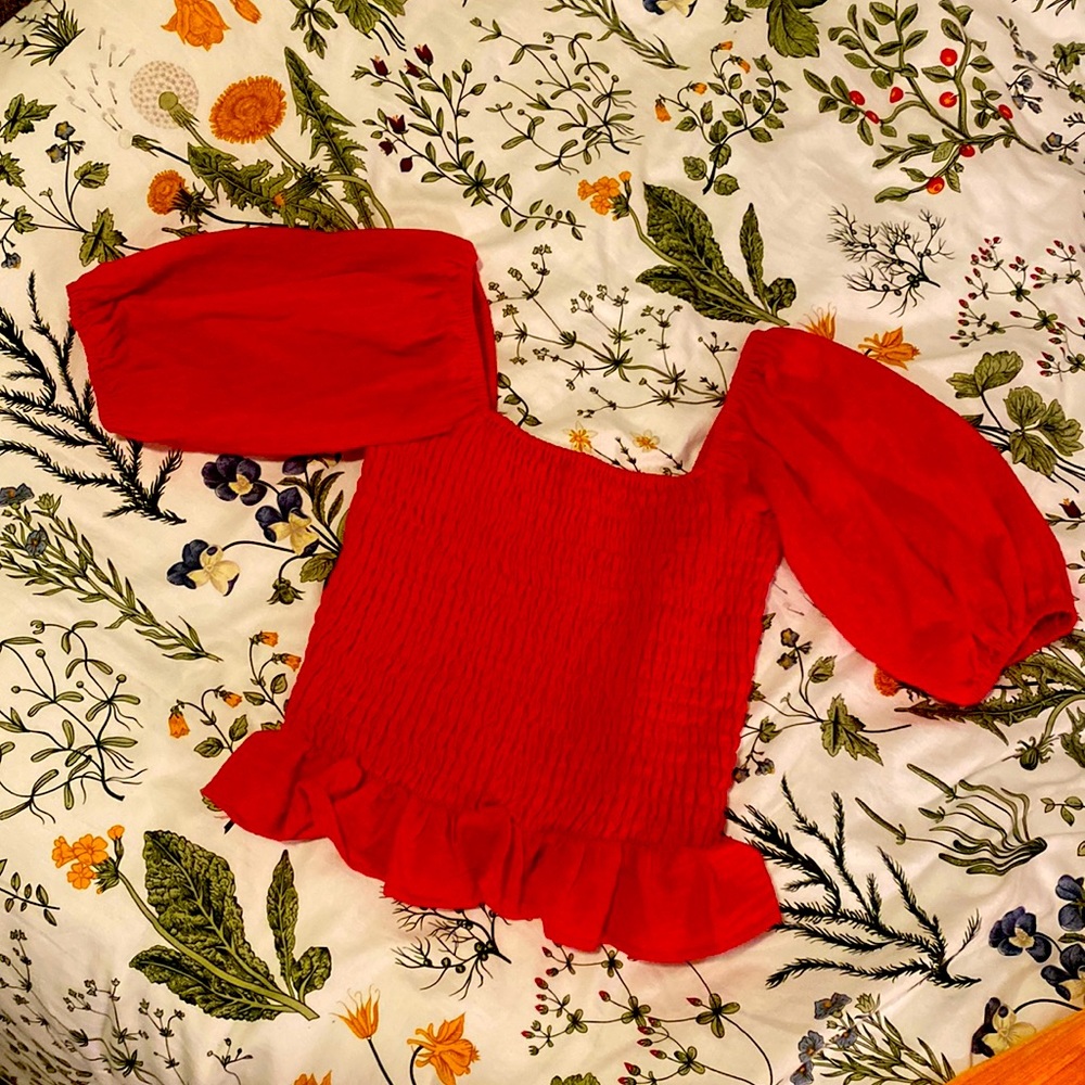 A Georgia red blouse from Fashion on Earth. Pleated with puffy sleeves and flare